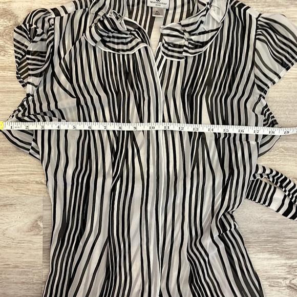 Worthington Sheer Black & White Short Sleeve Button Down Ruffled Collar Top PL - Picture 7 of 11